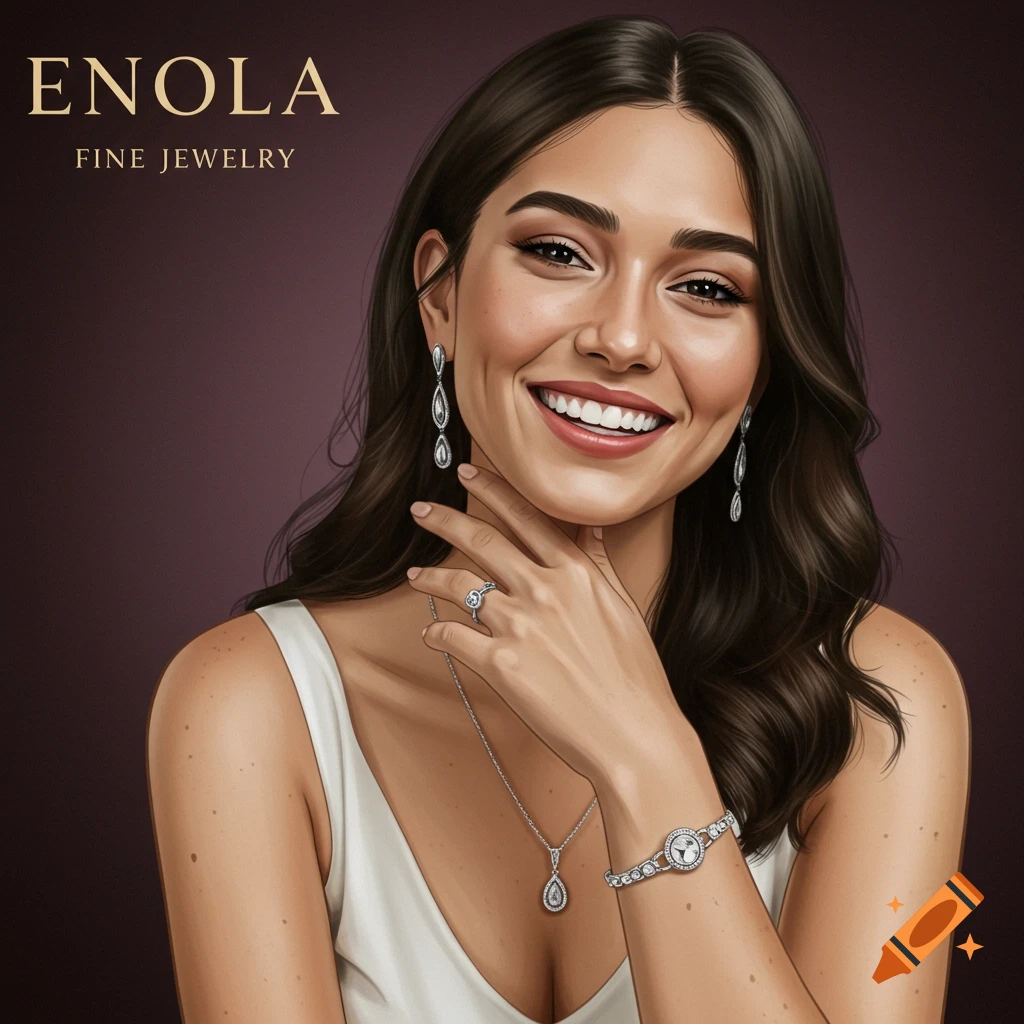 A smiling woman is wearing diamond earrings, necklace, ring, and watch.