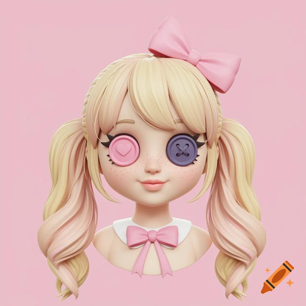 3D render of a doll with blonde pigtails, pink bow, a heart button eye, and a purple button eye against a pink background.