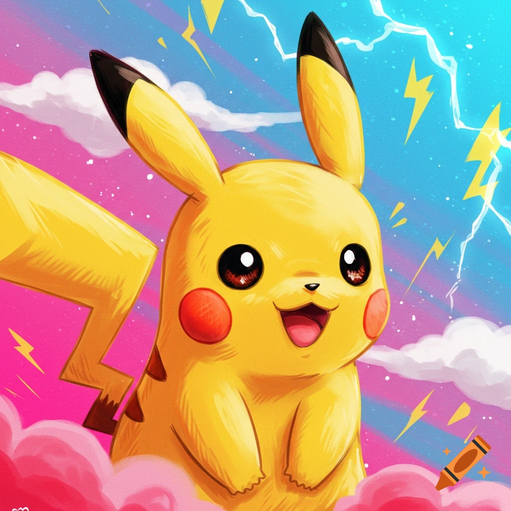 A yellow creature surrounded by pink clouds and lightning.
