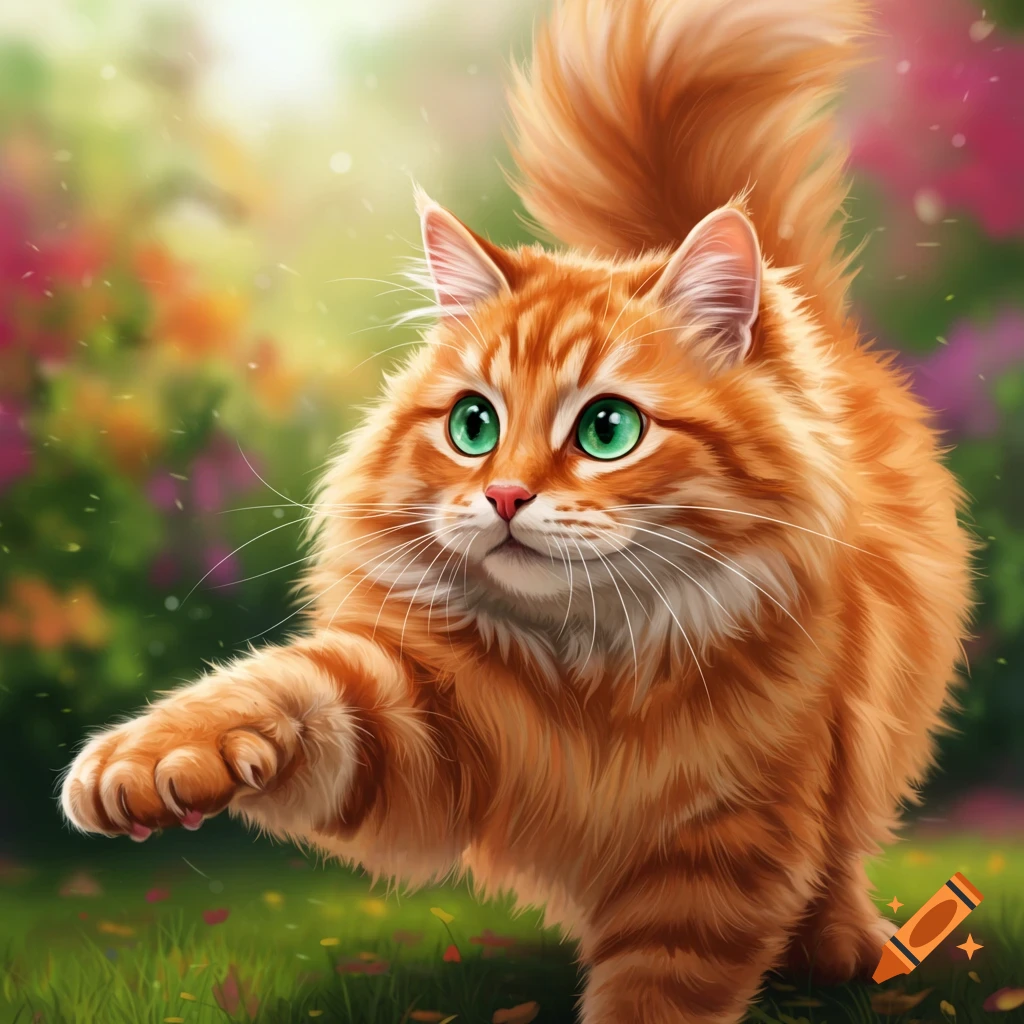 A fluffy orange cat reaching out a paw in a garden.