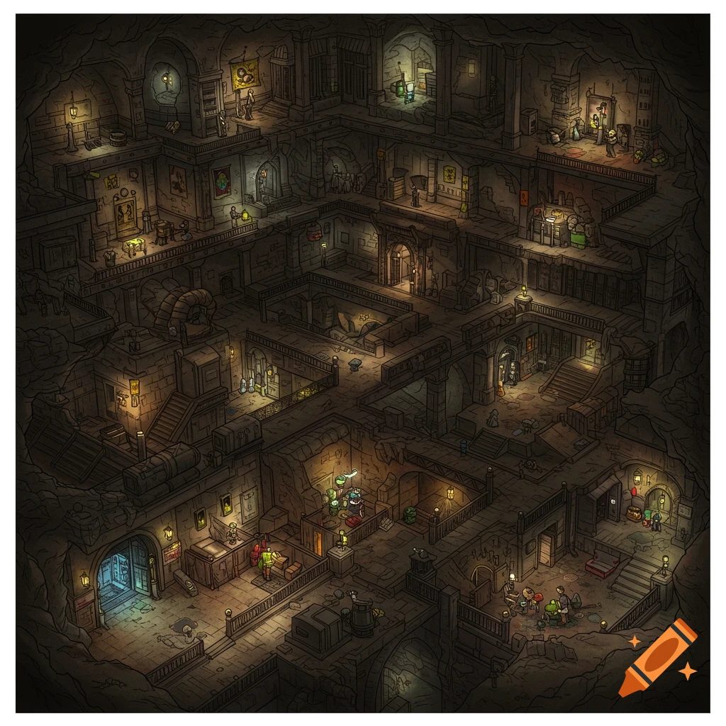 Isometric illustration of a multi-level underground dungeon complex with figures and lights.