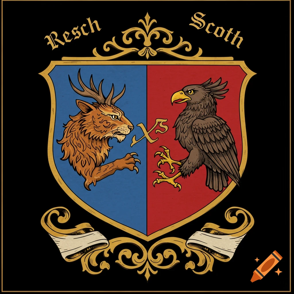 A family crest split down the middle. The left side is blue with a lion/deer creature, the right side is red with an eagle. Banners and flourishes below. Text 'Resch' and 'Scoth' above.
