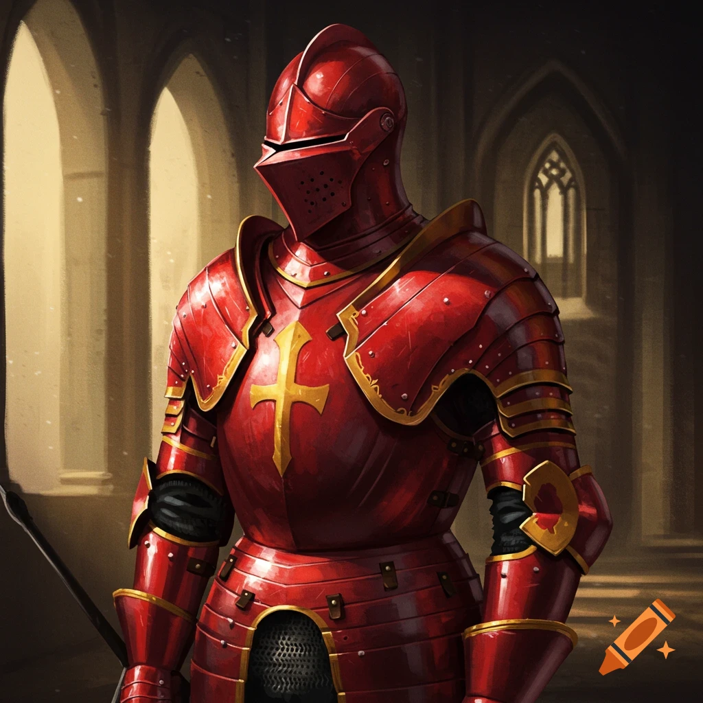 A knight in full red plate armor with gold trim inside a castle.