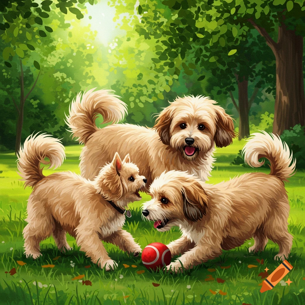 Three dogs are playing with a red ball in a park.