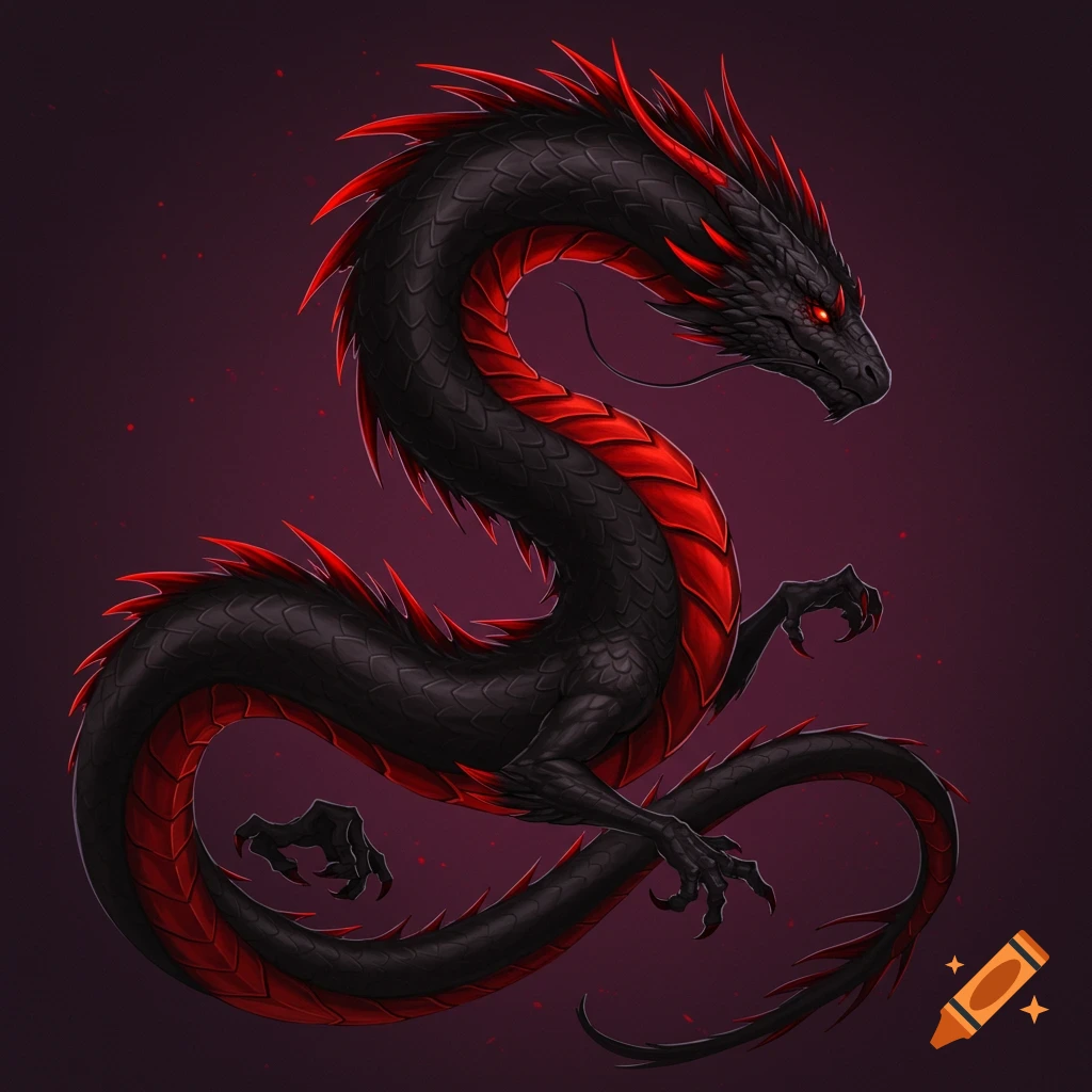 A black and red dragon with glowing red eyes.