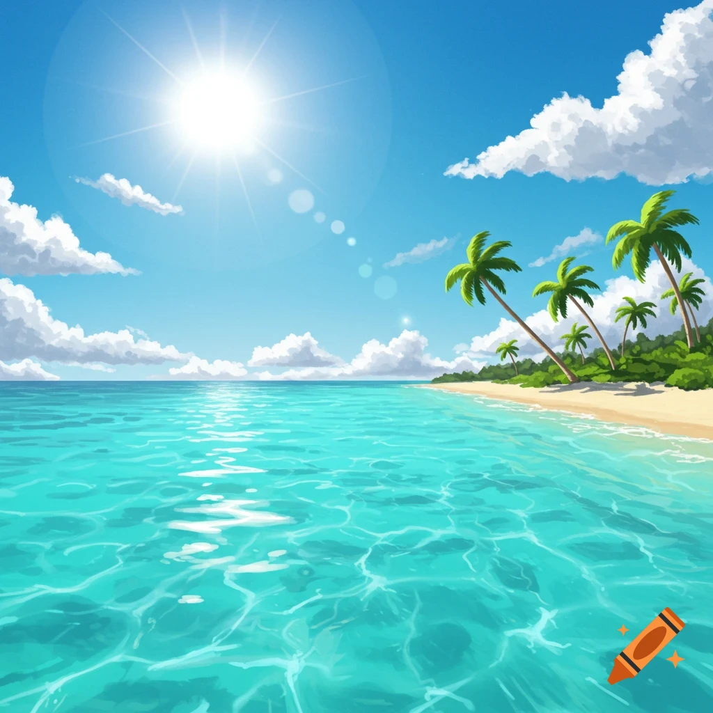 A tropical beach with clear water, palm trees, and bright sun.