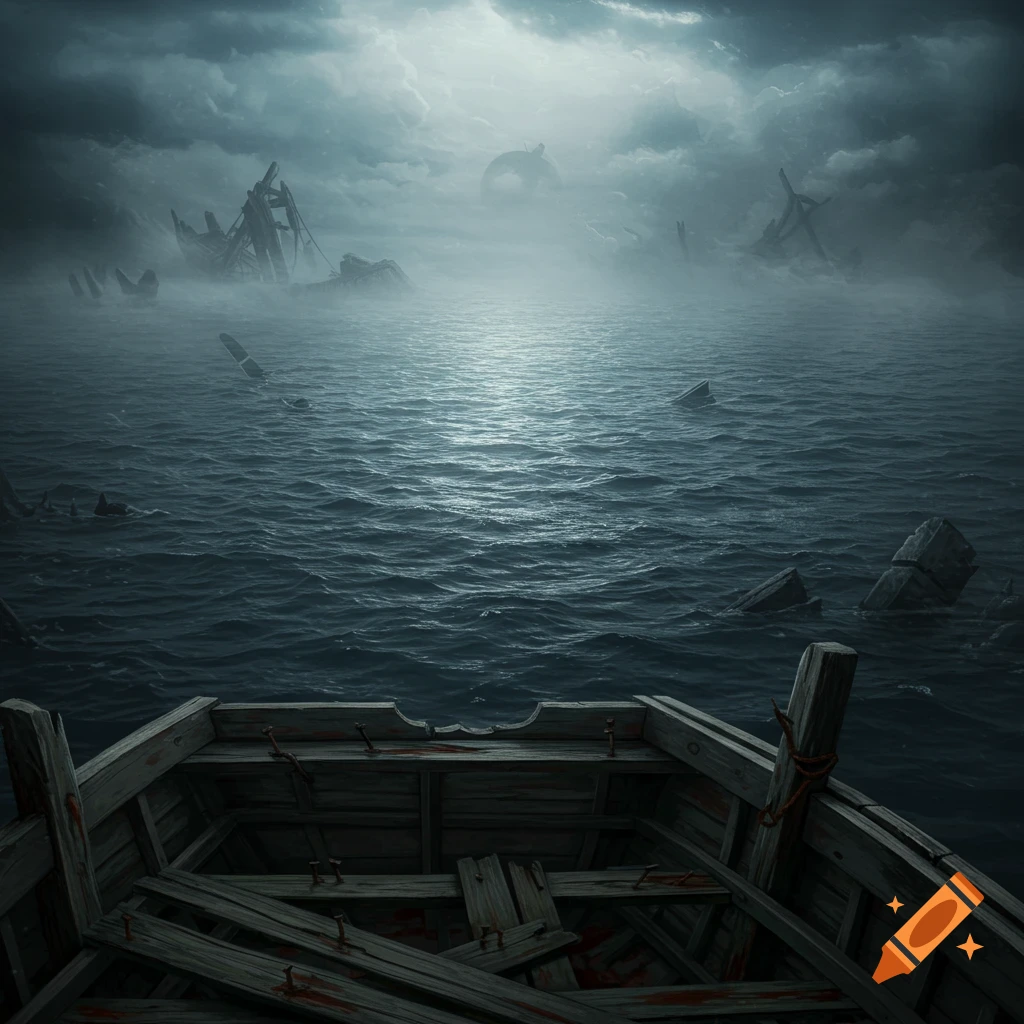 View from a wooden boat looking out at a stormy, foggy sea with shipwrecks under dark clouds.