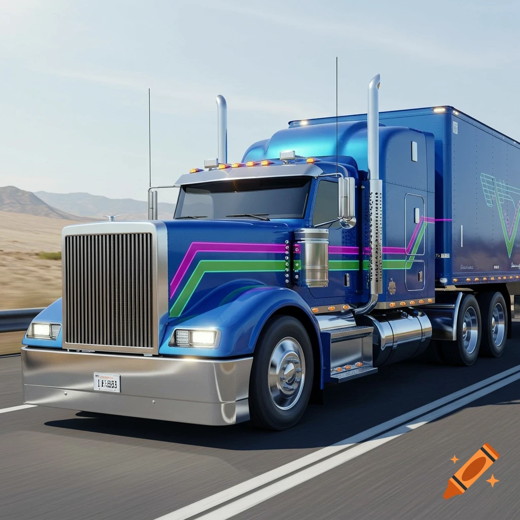 A blue retrofuturistic semi-truck with colorful stripes drives on a highway under a clear sky.