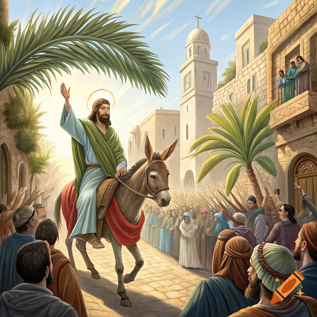 Jesus rides a donkey through a crowd in an ancient city street lined with palm fronds.