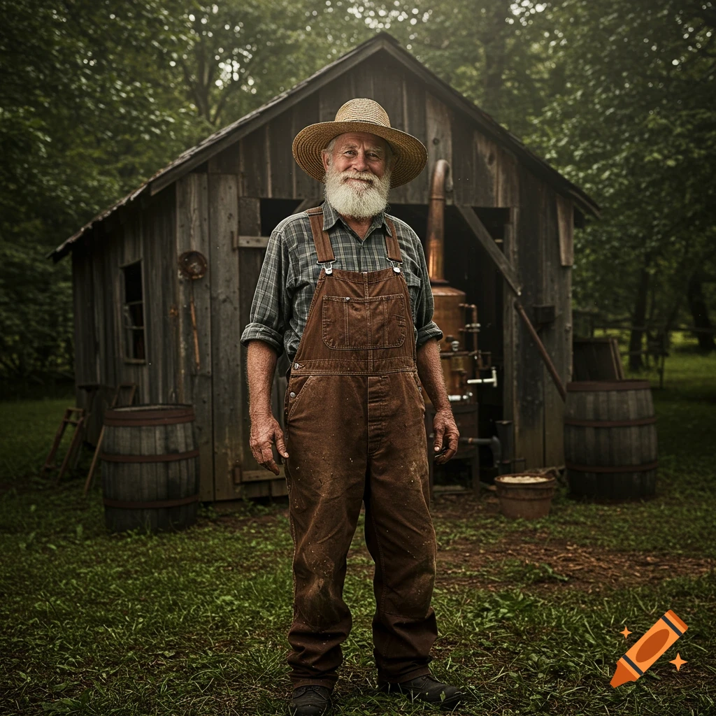 A photorealistic image of an old man with a white beard and straw hat, wearing overalls, standing in front of a rustic cabin with distilling equipment.