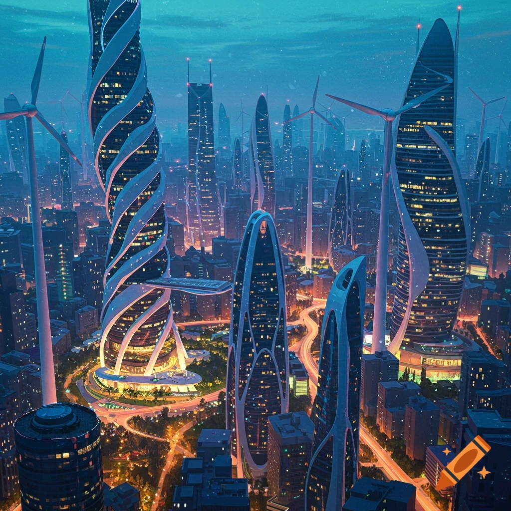 A futuristic city with towering, uniquely designed skyscrapers and wind turbines at dusk.