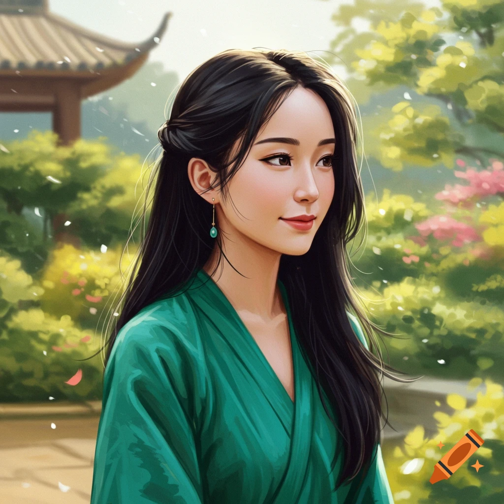 A woman in a green traditional dress with long dark hair is in a garden setting.