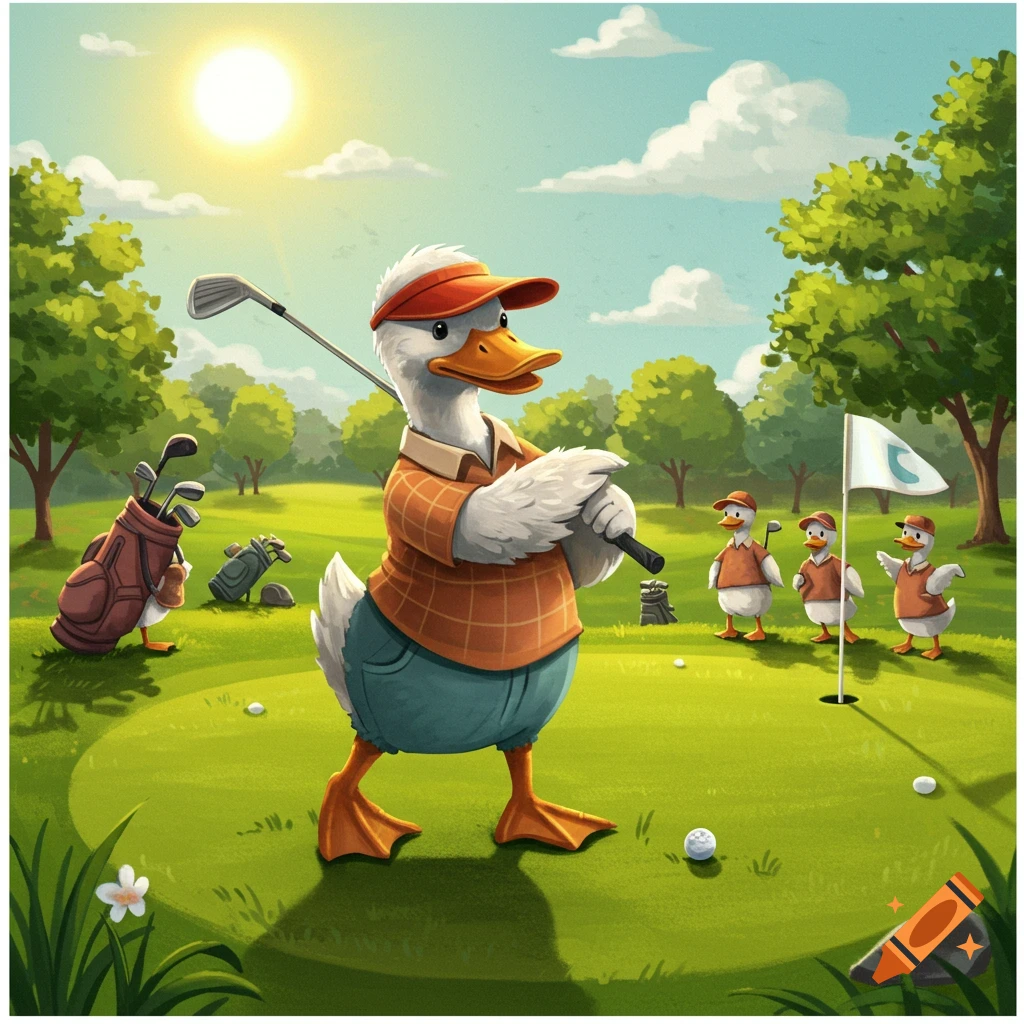 A cartoon duck plays golf while other ducks watch on a sunny golf course.