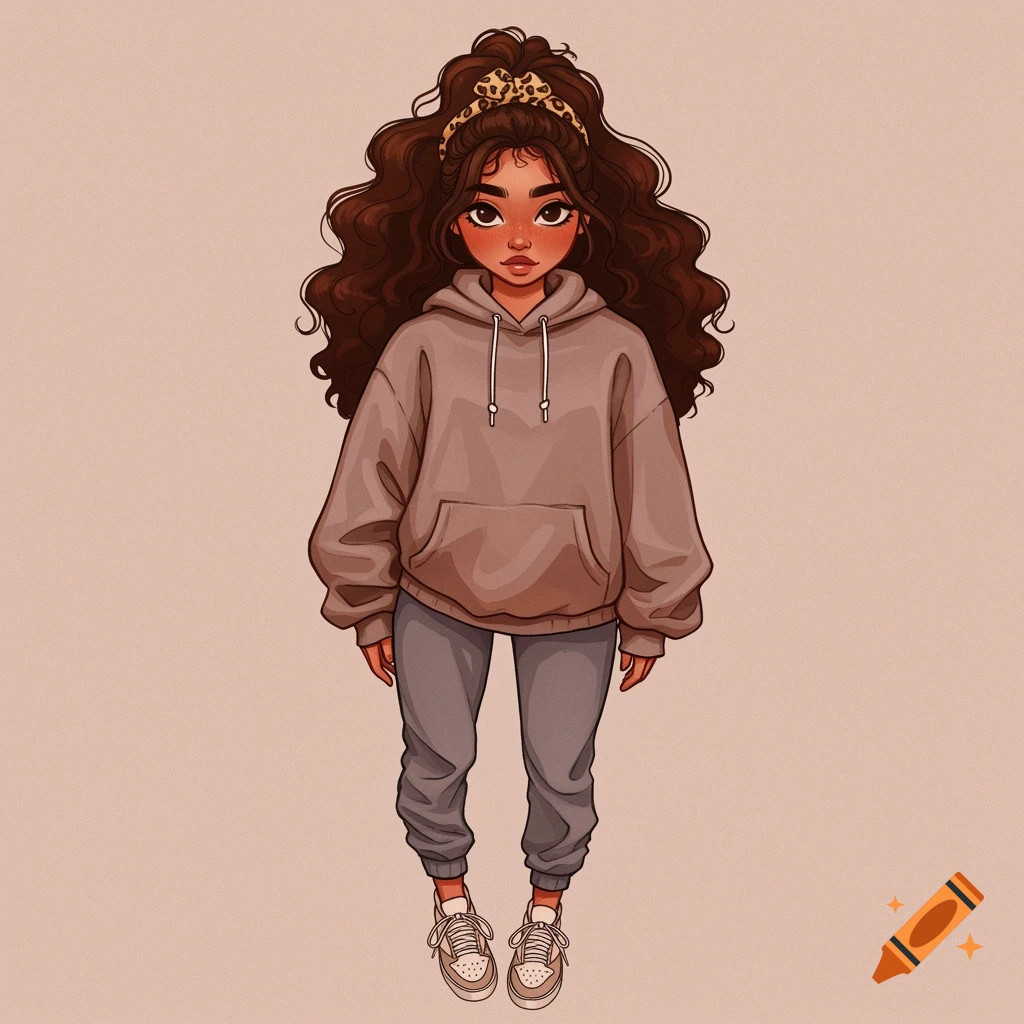 A young woman with long brown hair and a leopard print headband, wearing an oversized hoodie, joggers, and sneakers.