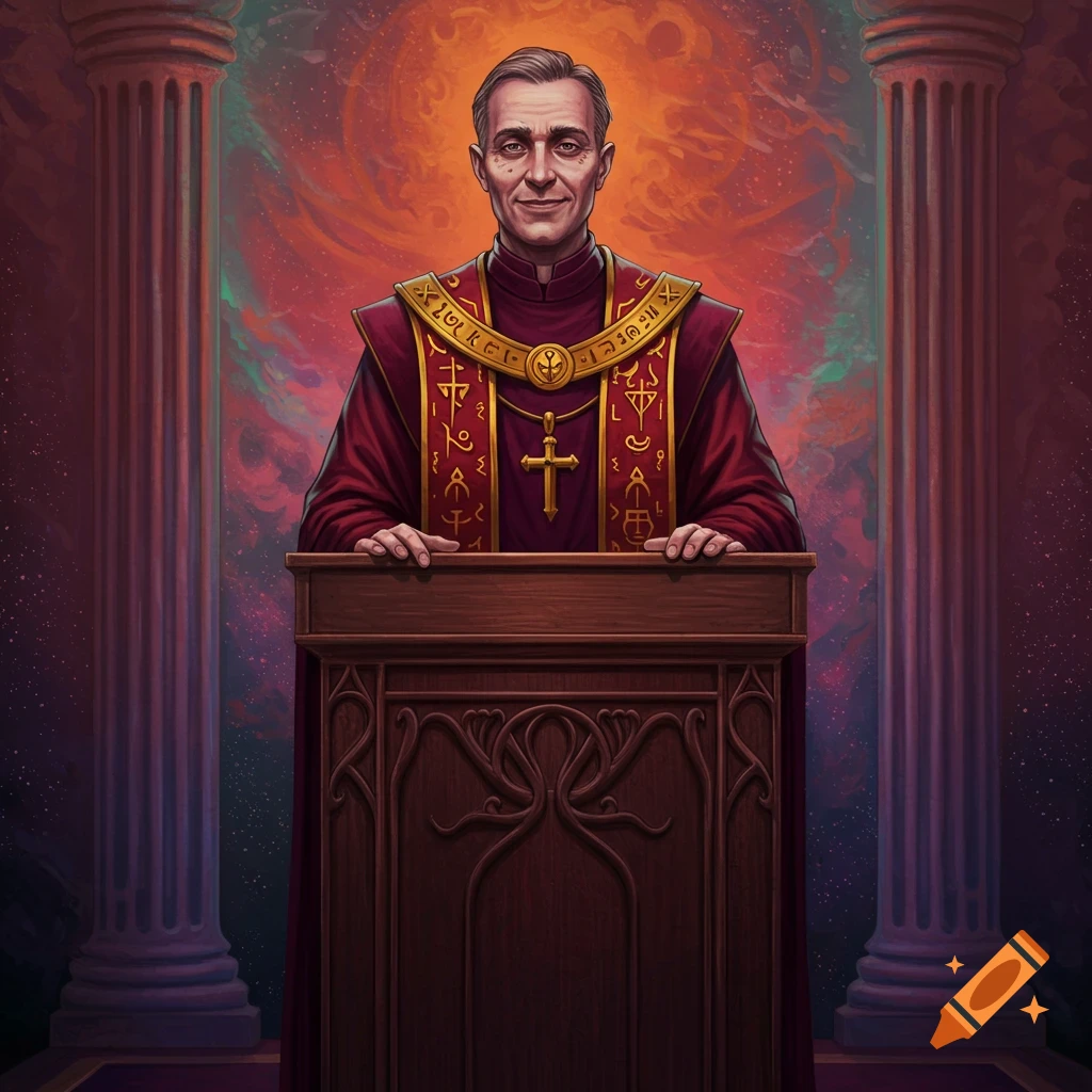 Lovecraftian cult priest at podium.