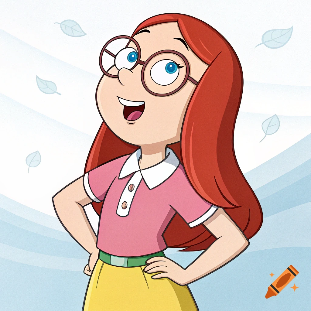 A cartoon girl with red hair and glasses wears a pink shirt and yellow skirt, looking up with a happy expression. Light blue leaves are in the background.