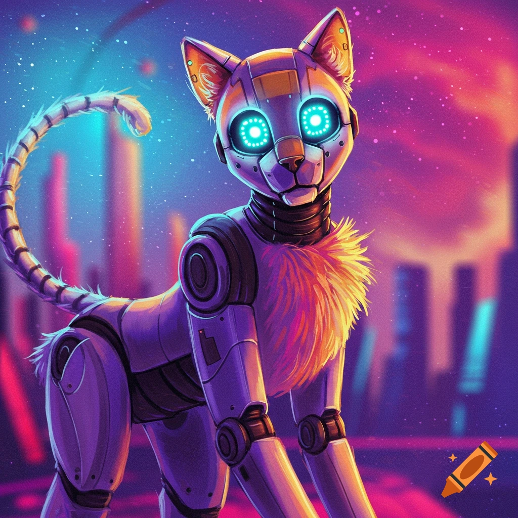 A Protogen, a robot cat, stands in a brightly lit cyberpunk city.
