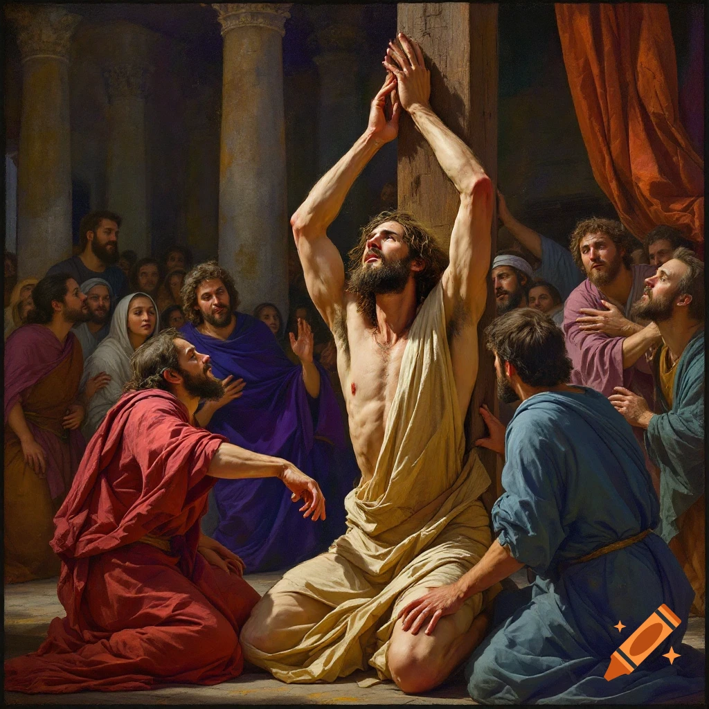 Classical painting of a man tied to a post with arms raised, surrounded by a crowd.