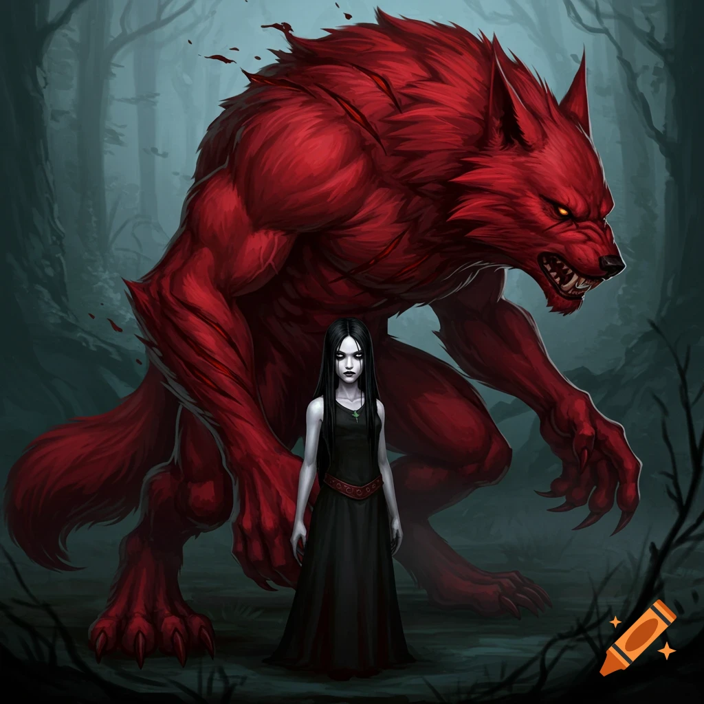 A small pale woman next to a large red werewolf in a dark forest