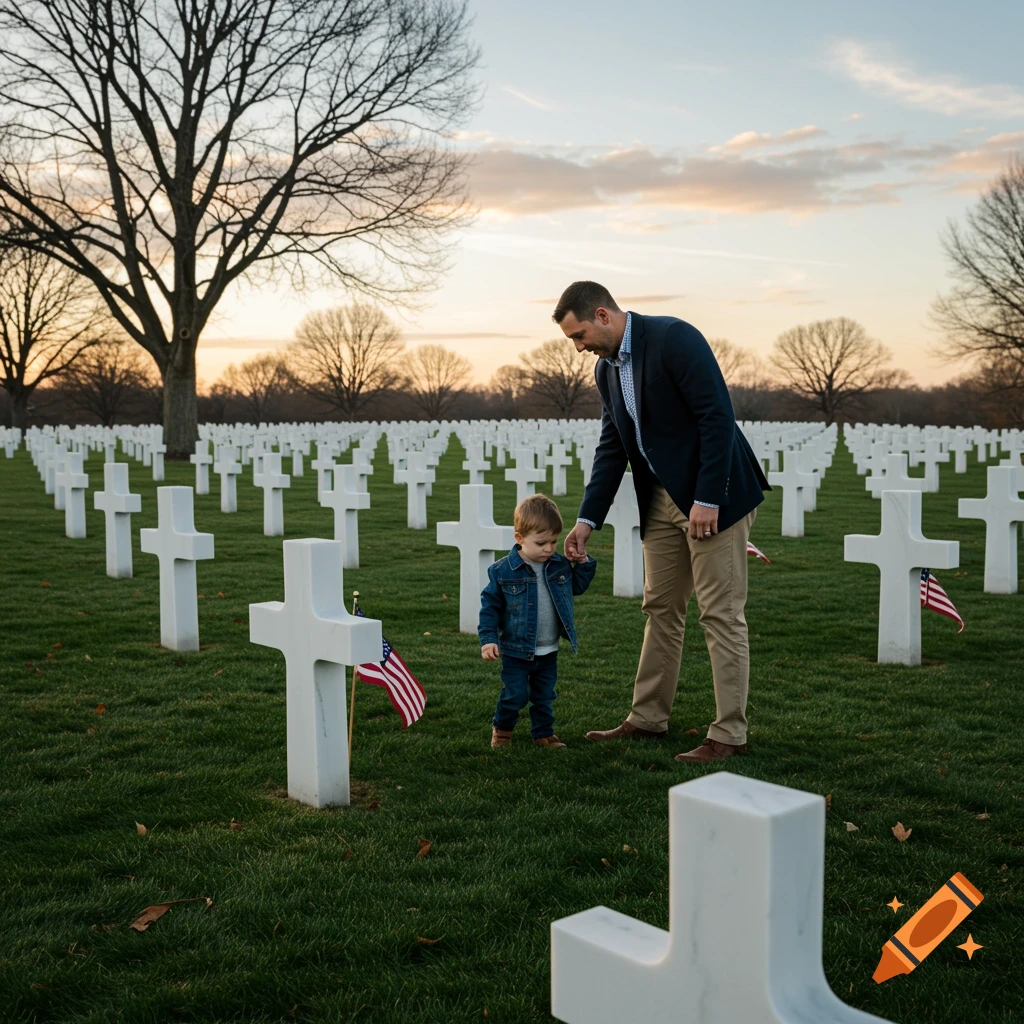 A father and son walk among rows of white crosses and flags in a military cemetery.