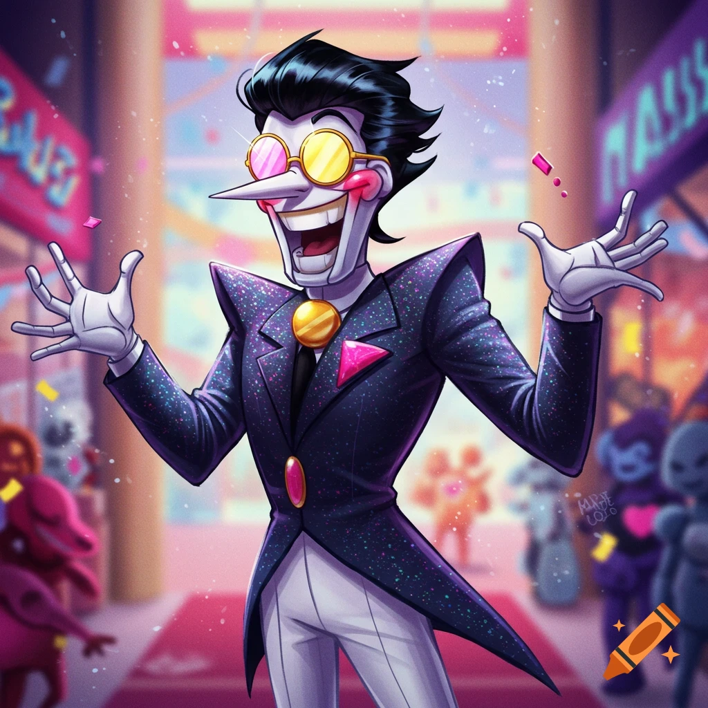 A character resembling Spamton in a sparkly suit stands in a brightly lit arcade.