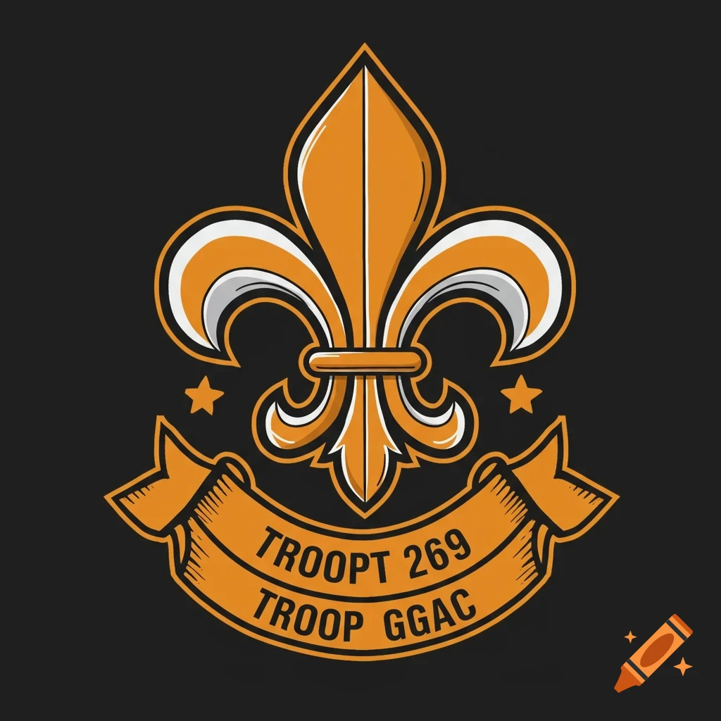 Orange and white fleur-de-lis emblem with banner text 'TROOPT 269 TROOP GGAC'.