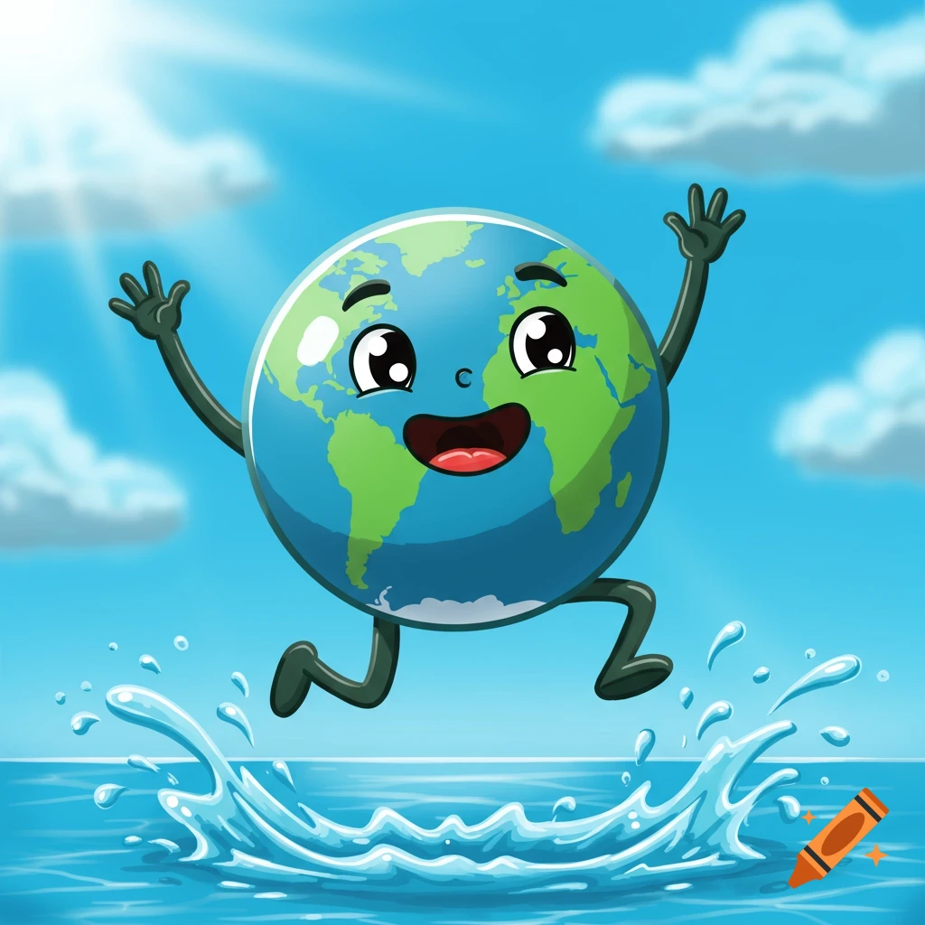 Cartoon Earth character happily jumping into water with a splash