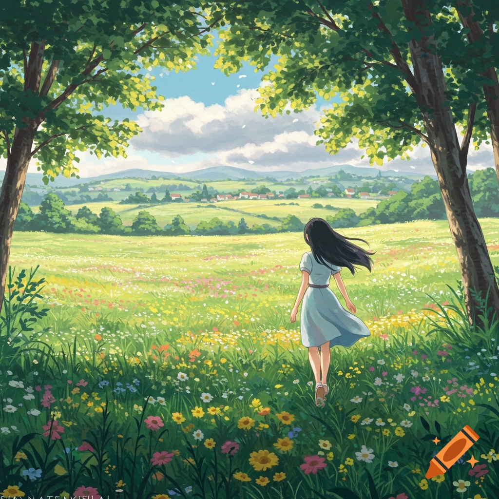 Anime girl walks through a flower-filled meadow in a landscape, Ghibli style.