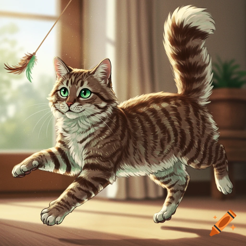 A tabby cat jumping to catch a feather toy in a sunlit room.