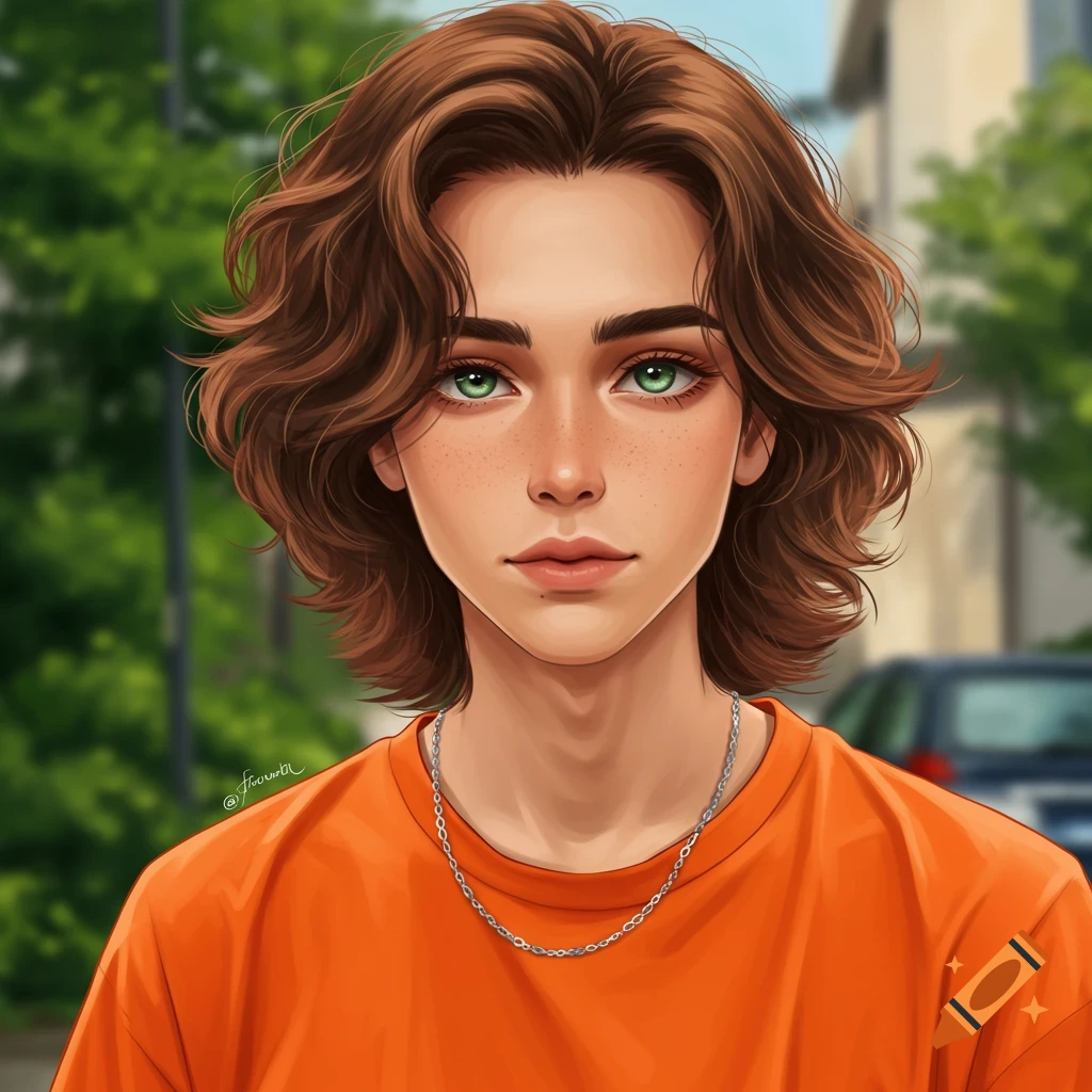 Anime style digital illustration of a young person with brown hair and green eyes in an orange shirt and silver necklace.
