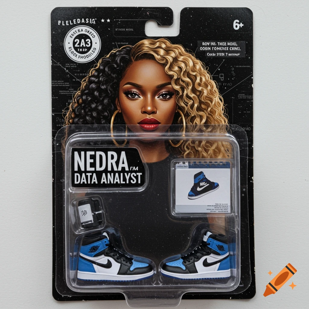 Action figure package of a Black woman data analyst wearing sneakers