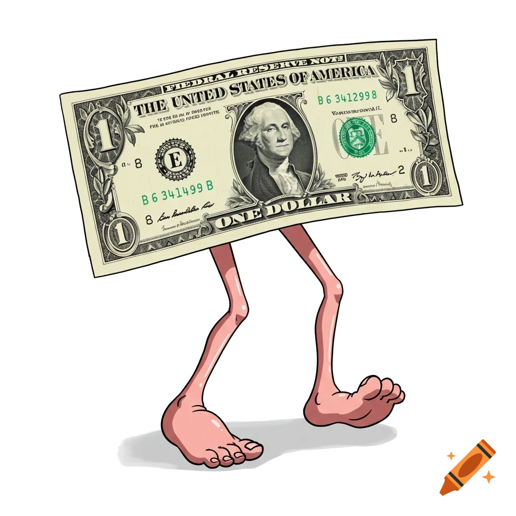 A dollar bill walking on thin legs with large bare feet.