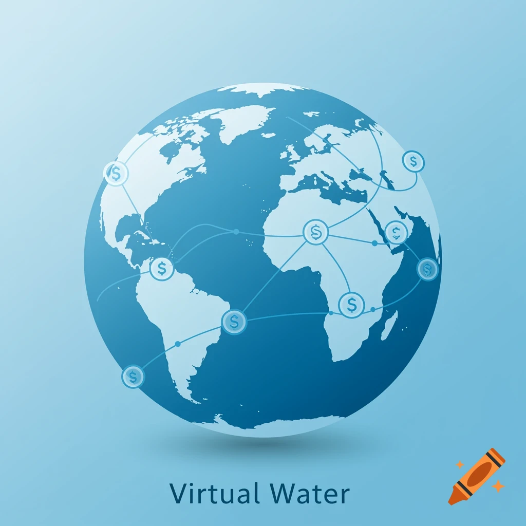 Stylized blue globe with interconnected lines and dollar signs representing virtual water trade, with text "Virtual Water".