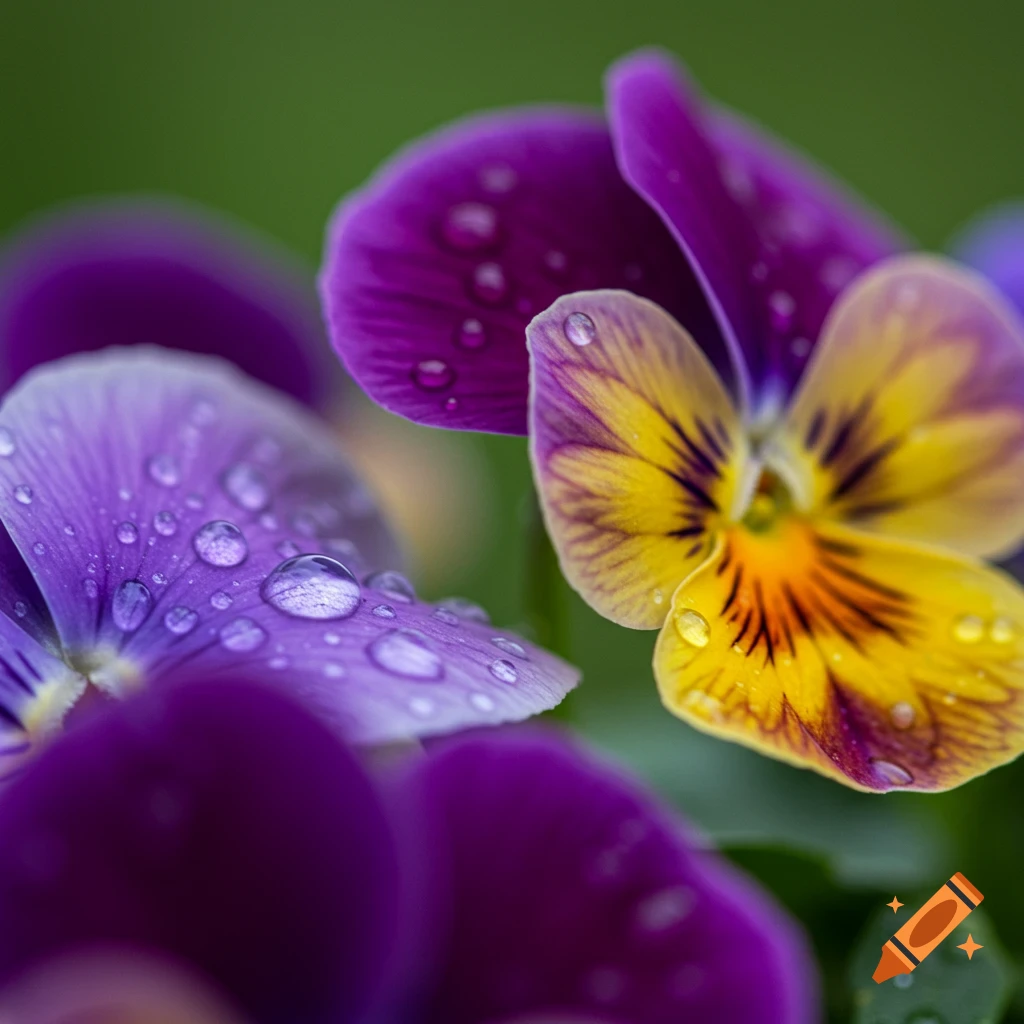 Close-up of purple and yellow pansy flowers with water droplets