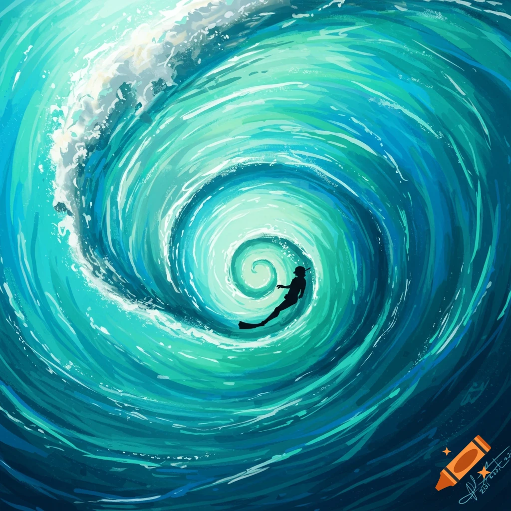 A diver silhouette inside a swirling blue and green spiral wave.