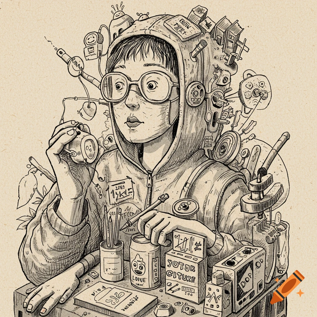 Black and white sketch of a person in a gadget-covered hoodie, holding a can and pencil at a desk of objects.
