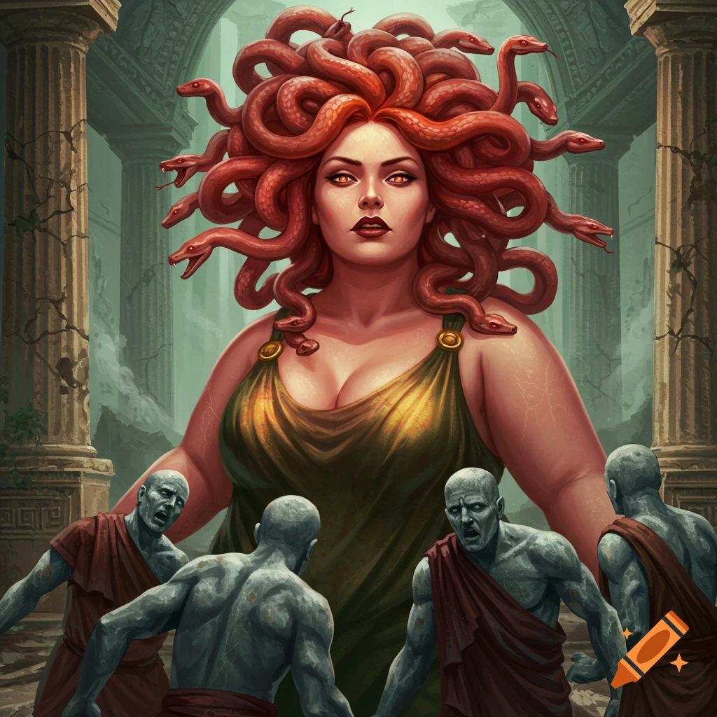 Medusa with snake hair overlooking petrified men in ancient ruins.