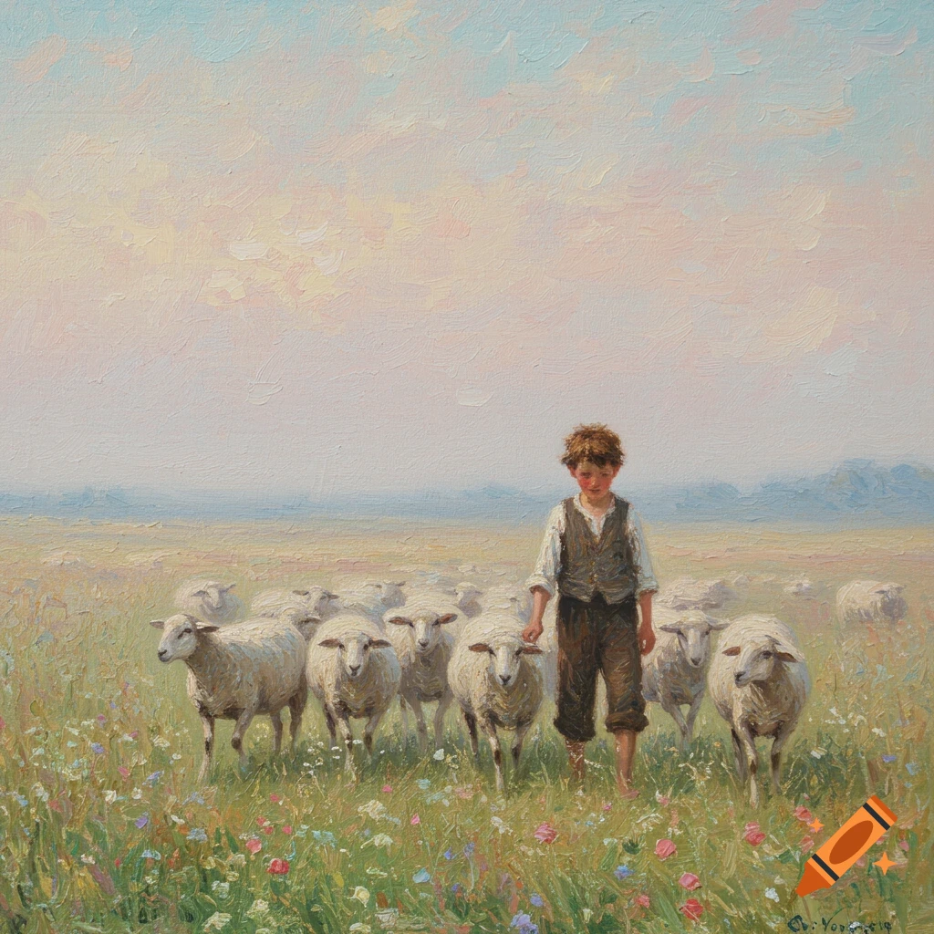Painting of a young boy tending sheep in a field of wildflowers.