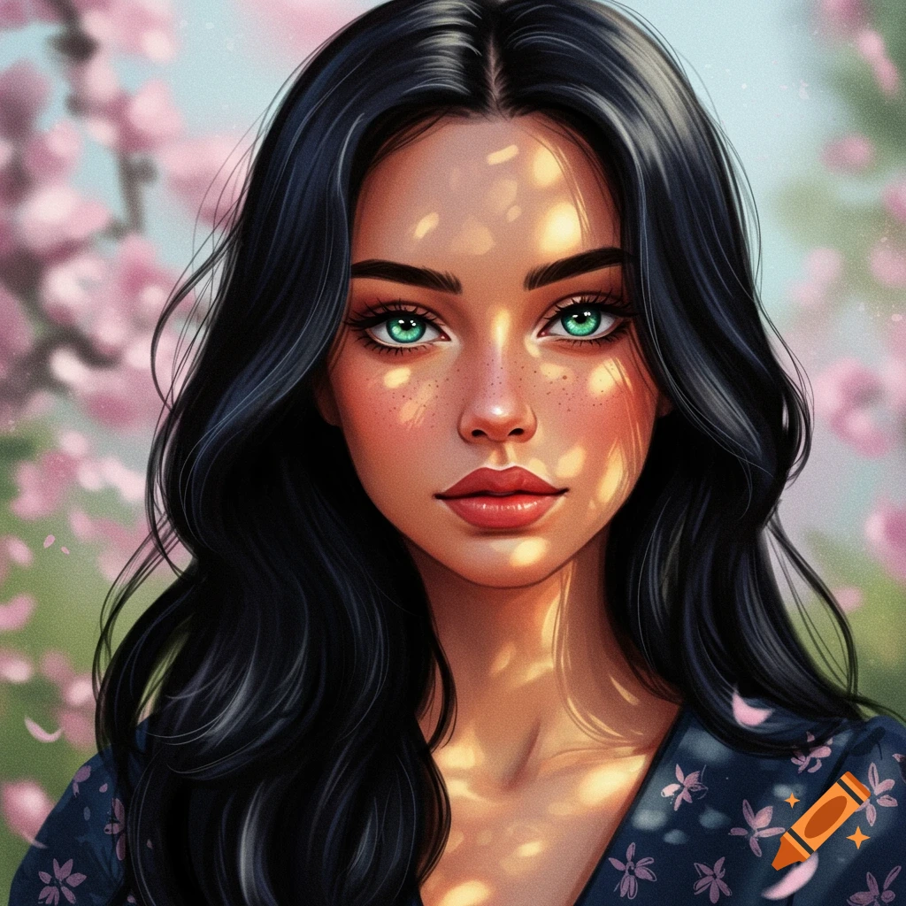 A woman with dark hair and green eyes is among pink flowers.