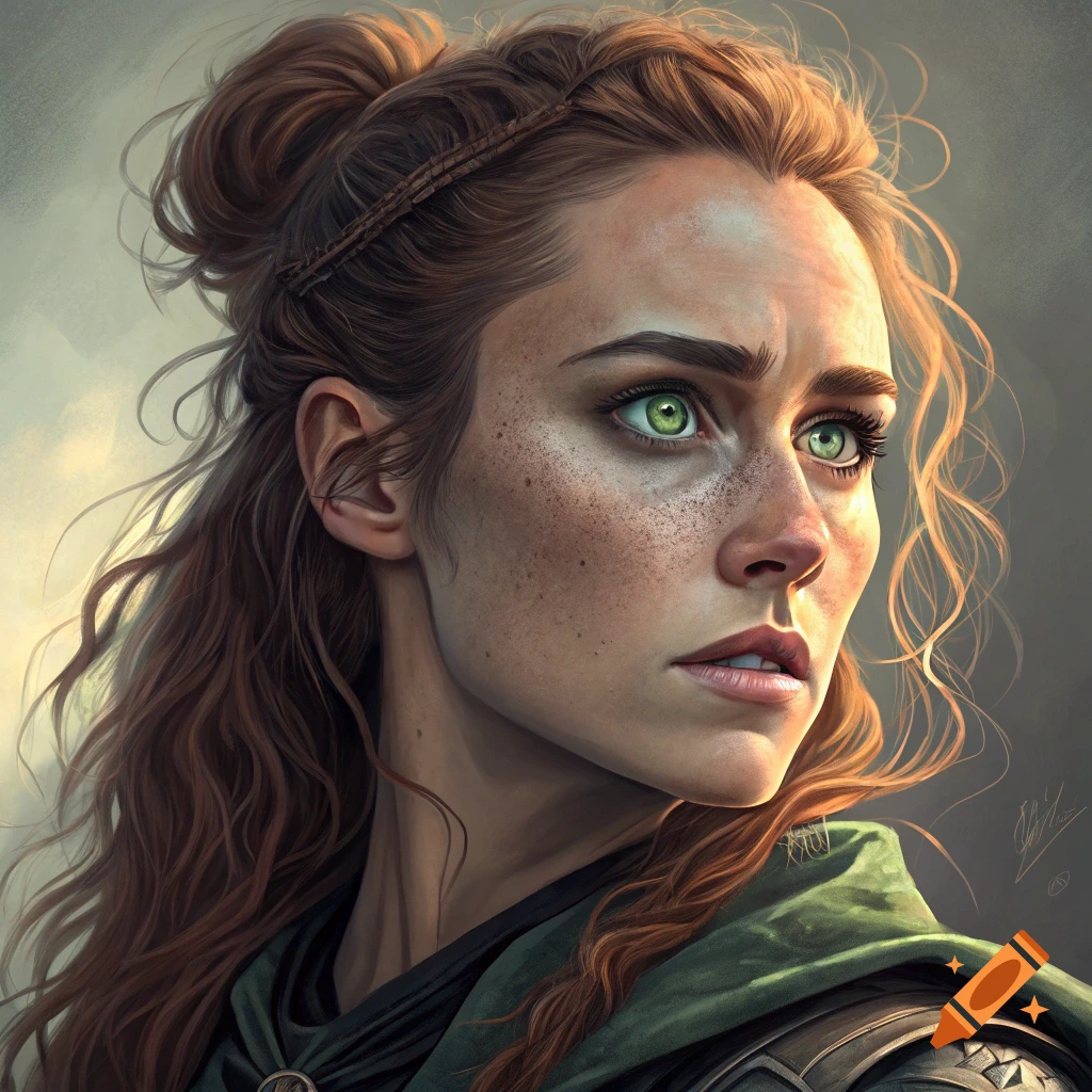 Portrait of a woman with green eyes, freckles, and auburn hair in fantasy attire looking away.