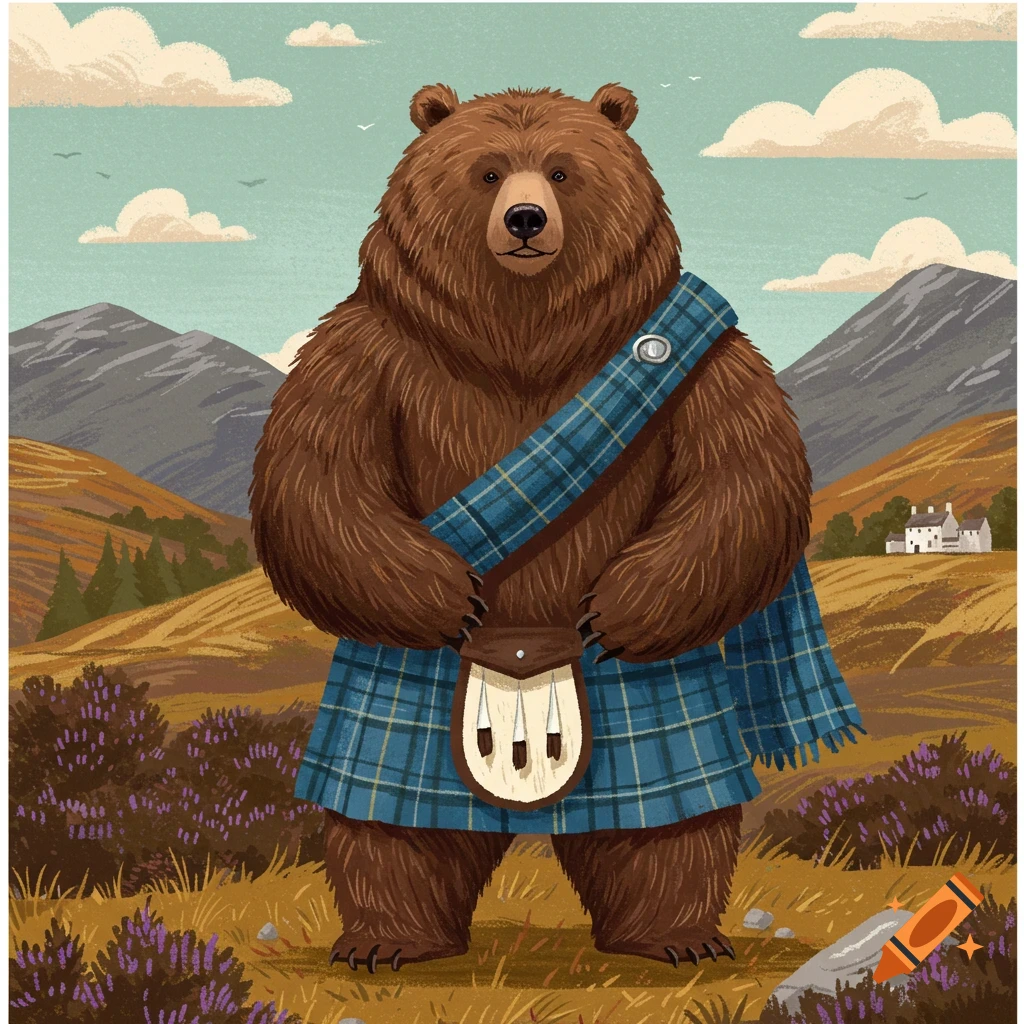 A bear in a blue kilt stands in a Scottish landscape.