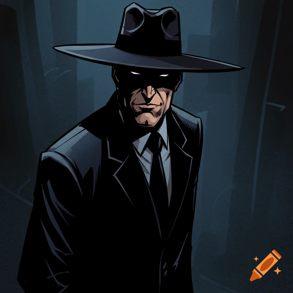 Stylized illustration of a man in a suit and wide-brimmed hat, face hidden by shadow, with glowing eyes.