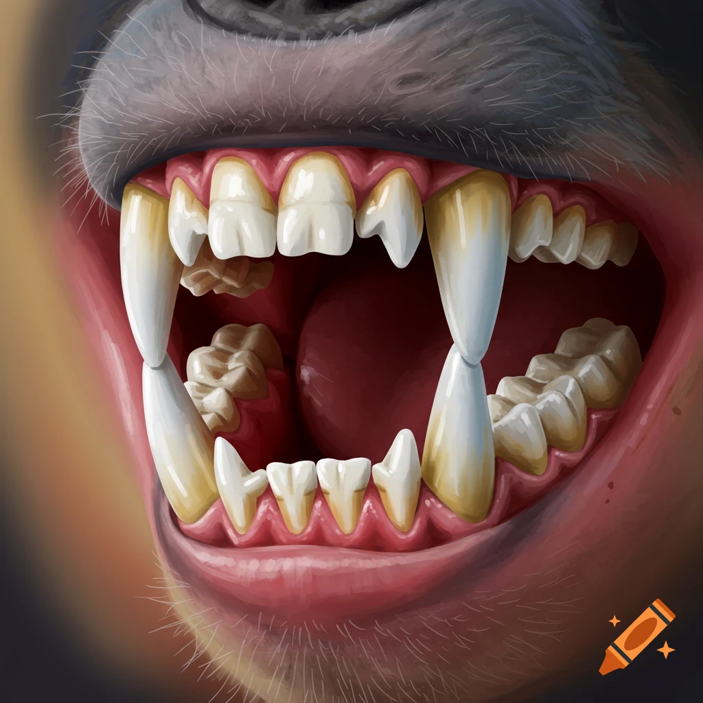 Close-up of an animal mouth with large fangs and molars.