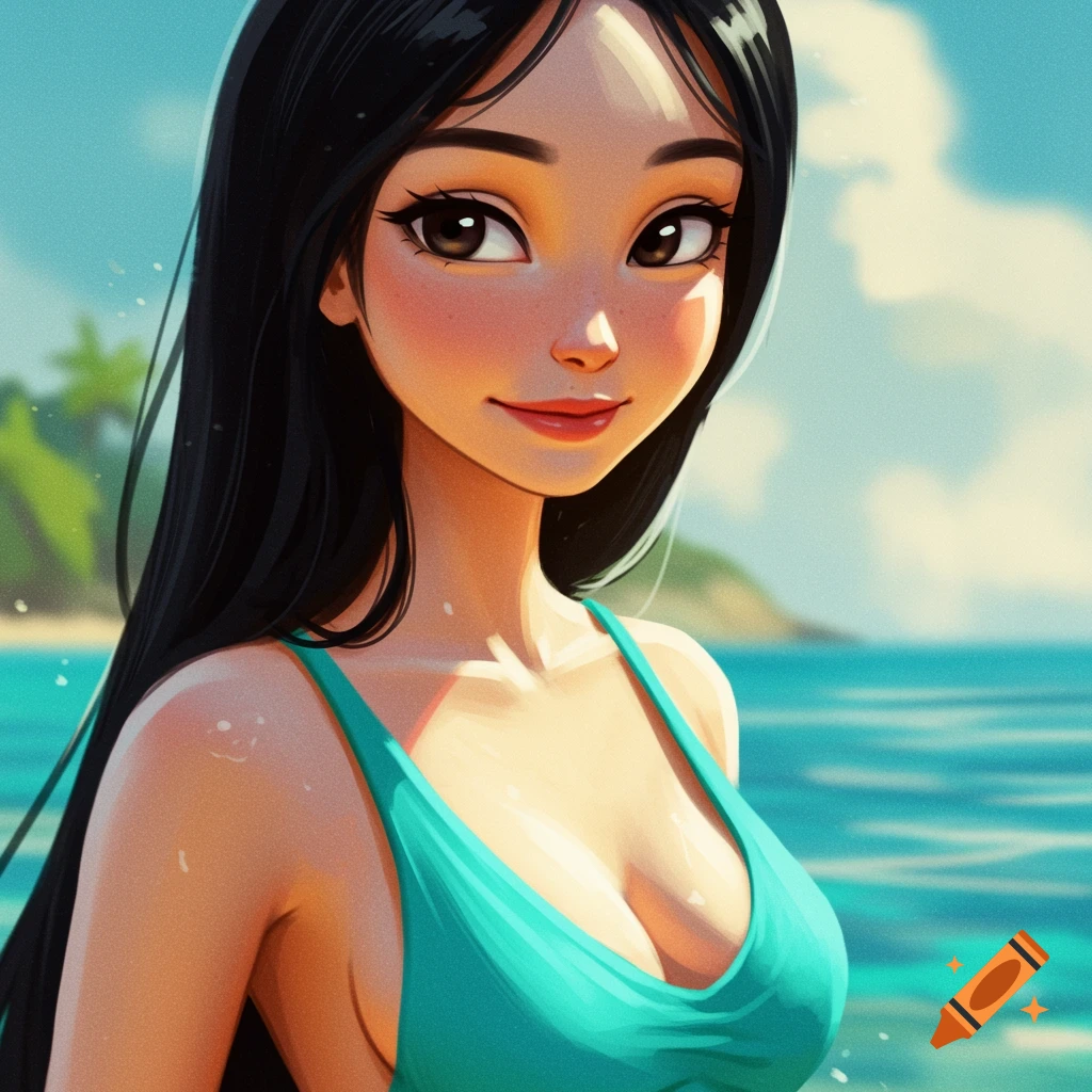 A woman in a turquoise swimsuit sits on a tropical beach.