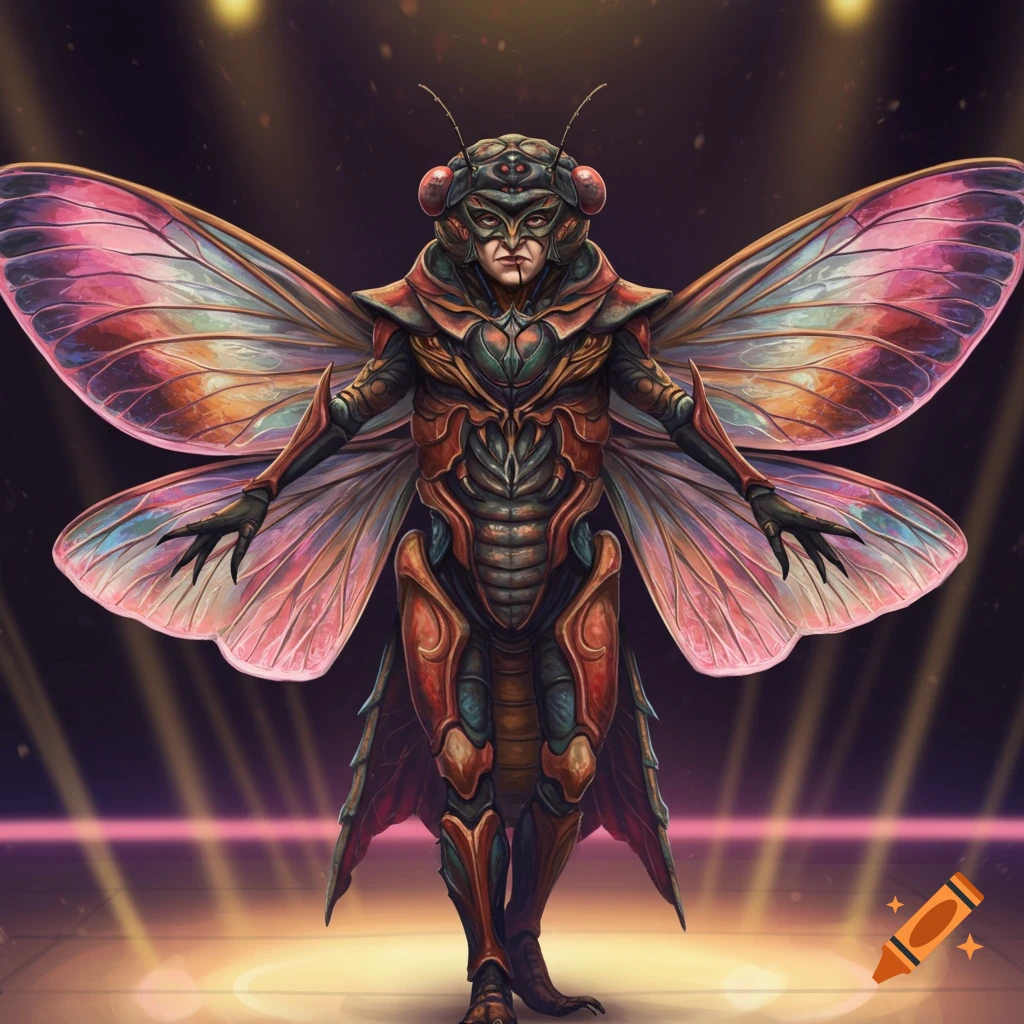 A person in a detailed cicada costume with large iridescent wings stands on a stage under spotlights.