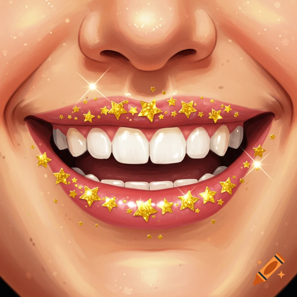 Close-up of a smiling mouth with red lips covered in gold stars.