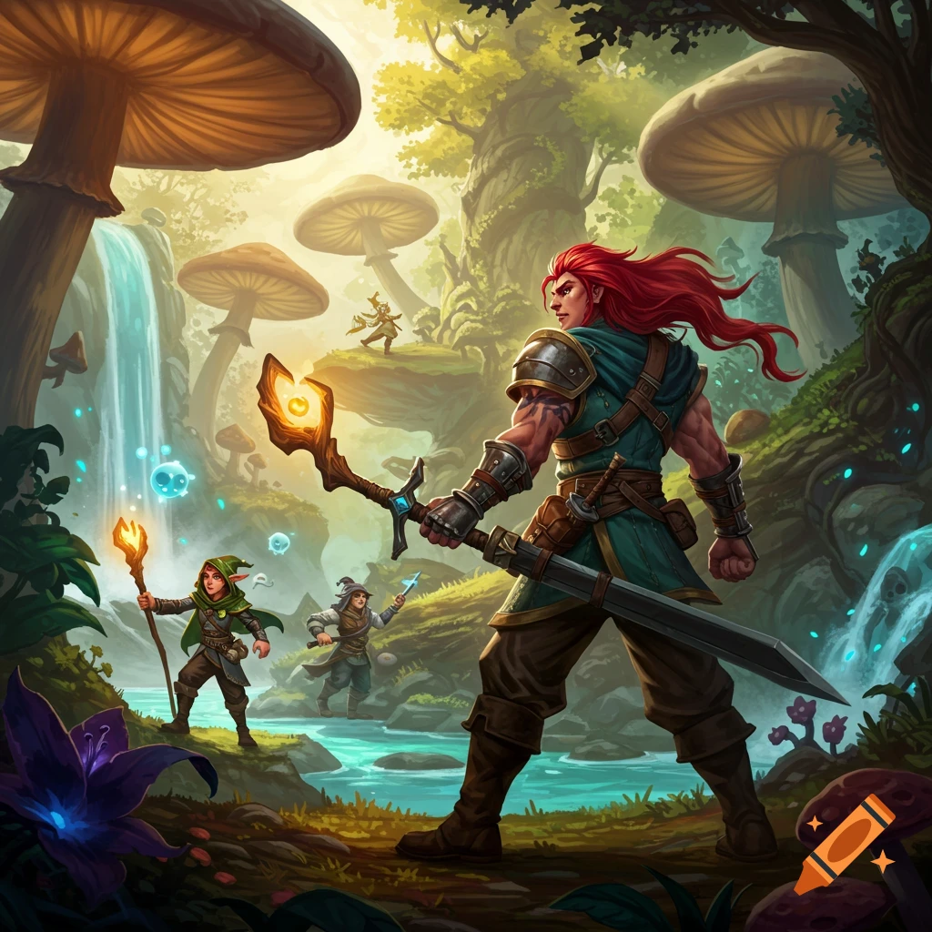Fantasy characters in a magical forest with giant mushrooms and waterfalls.