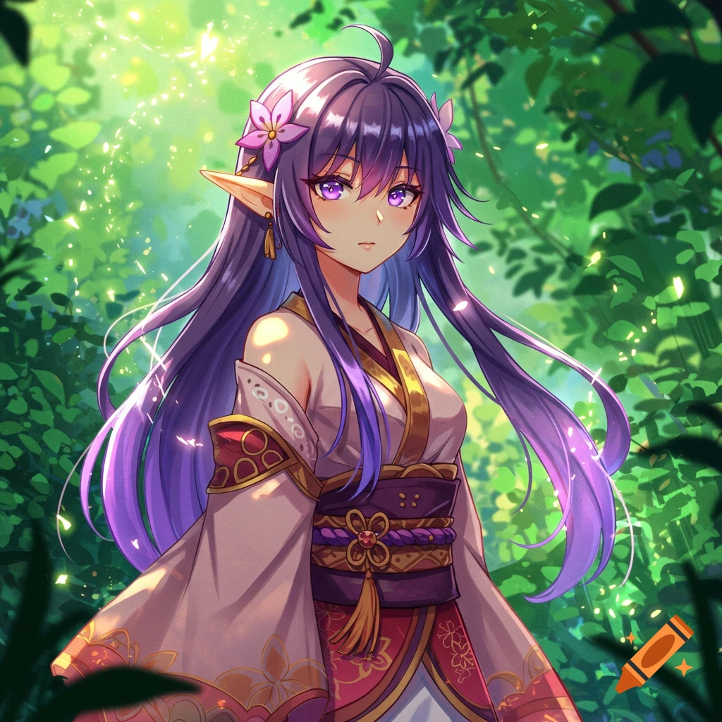 Anime elf girl with purple hair standing in a sunlit forest