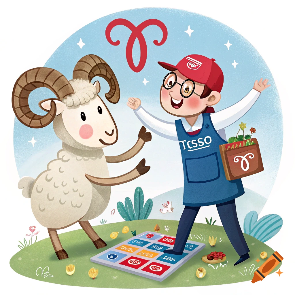 A cartoon illustration of a ram and a person in a blue apron playing a board game under an Aries symbol.