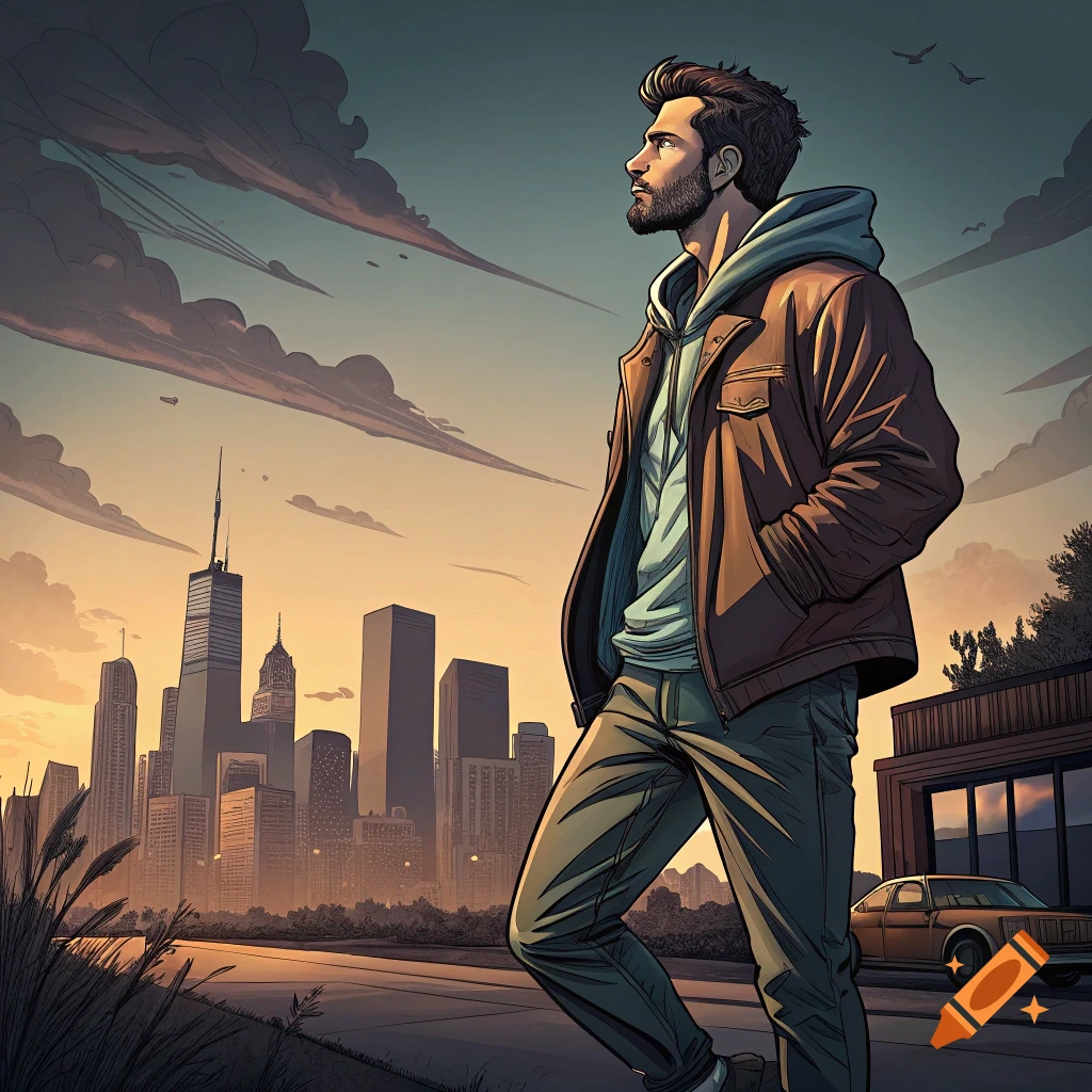 An illustration of a man standing before a city skyline at sunset.